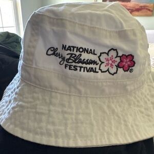 Fahrenheit White Bucket Hat with Pink Cherry Blossom Embroidery